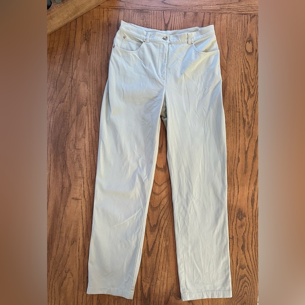 St. John Sport by Marie Gray Pants Light Mint Green Gold Button Size 8 Casual